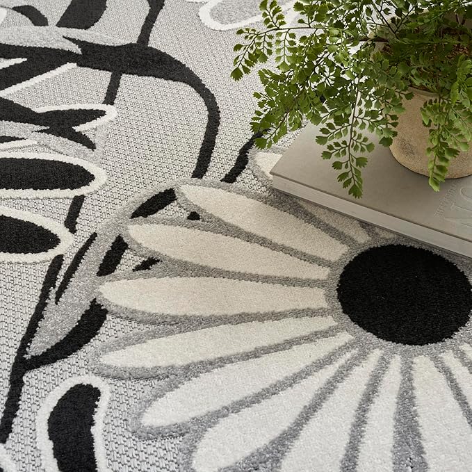 Nourison Home Aloha Black White 7'10" x 10'6" Area Rug - Easy Clean, Non Shedding, Bed Room, Living Room, Dining Room, Kitchen (8' x 11')
