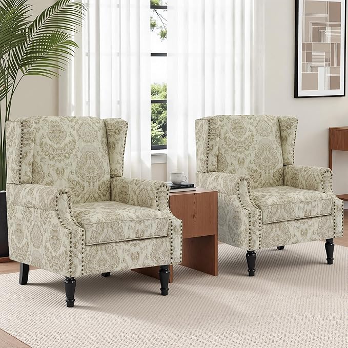 Wingback Chairs Set of 2, High Back Floral Accent Chair in Fabric, Comfy Upholstered Armchair with Nailhead Trim for Living Room, Single Sofa Reading Chair for Small Spaces, Bedroom-White