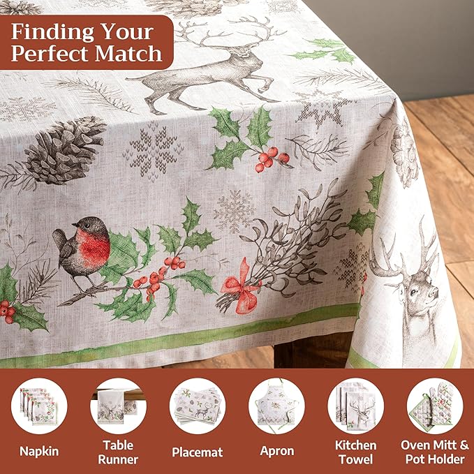 Maison d' Hermine Table Cloth Rectangle Table 100% Cotton 60 x 90 Inches Fall Tablecloth Reusable Everyday Use for Thanksgiving Christmas Decorations Dining Farmhouse Party (Christmas Dew)