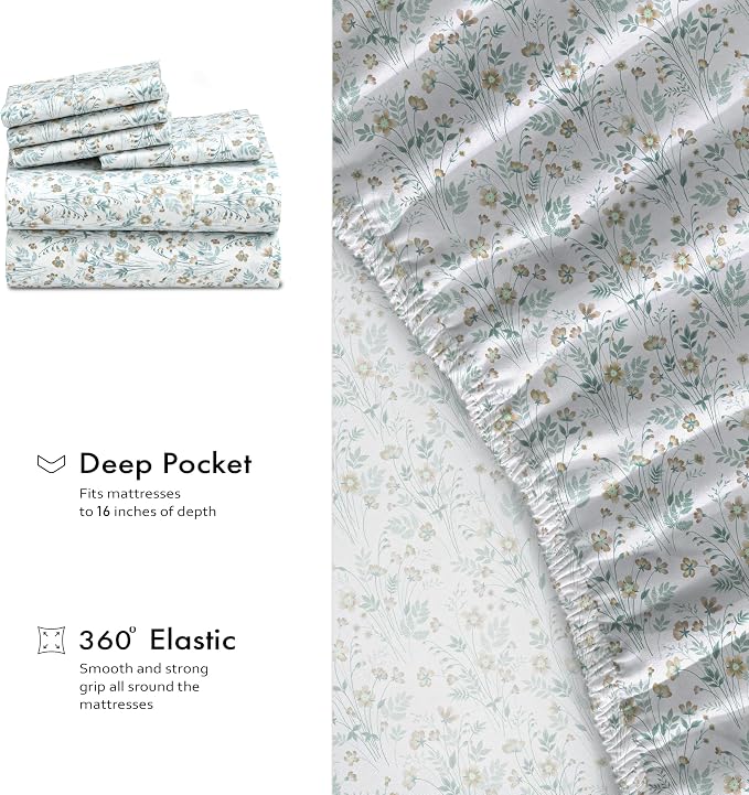 RUVANTI 100% Cotton Percale Sheets King Size 6 Piece Set, Cooling Bed Sheets for Hot Sleepers, Deep Pocket 16”, Breathable Lightweight & Durable, Crisp Hotel Style Sheets, Fleur & Field