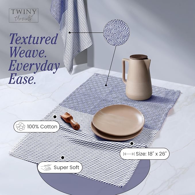 TWINY threads Dish Towel Diamond Pattern, Premium 100% Cotton Kitchen Linen Set, Large Wash Rags for Drying Dishes, Absorbent Quick Drying, Reusable, 4 Pack, 18"x26", Indigo Blue