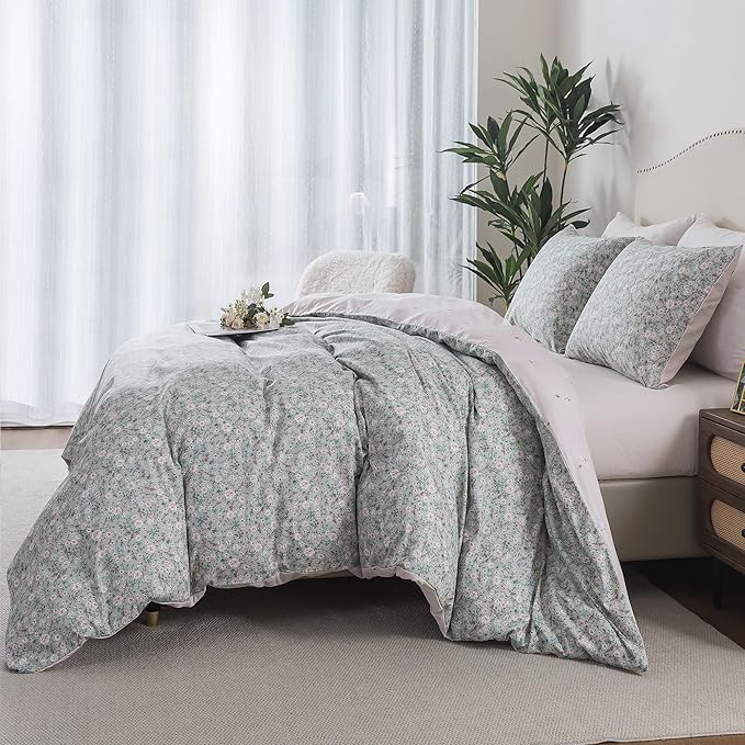 HoneiLife Duvet Cover King Size - 100% Cotton Comforter Cover Floral, Light Green Duvet Cover with Zipper Closure and Corner Ties, 3-Piece Wildflower Comforter Cover Sets