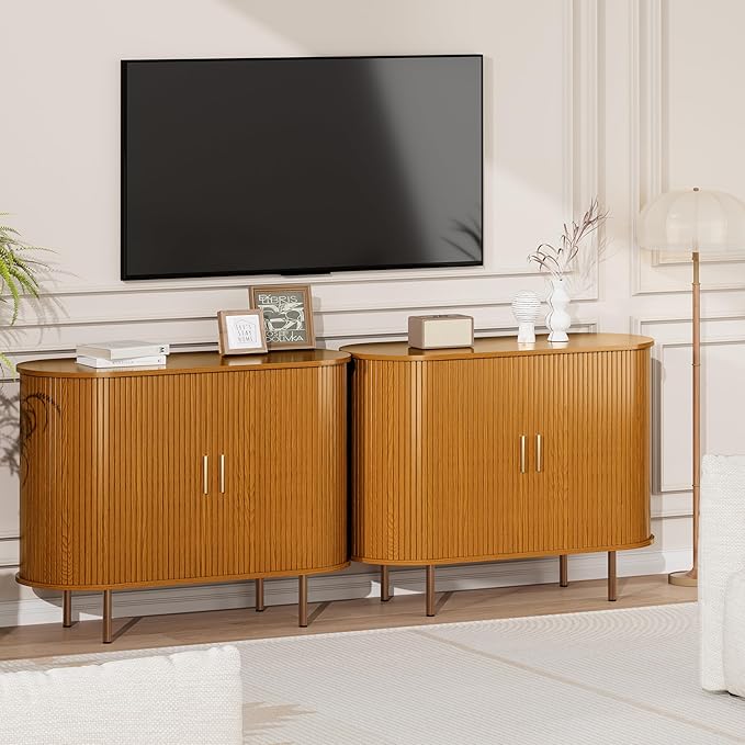 DHH Sideboard Buffet Cabinet with Storage,Mid Century Modern Fluted Accent Coffee Bar Console Table,Tambour Sliding Doors& Adjustable Shelf for Kitchen, Living Room, Entryway (Yellow walnut40 Inch)