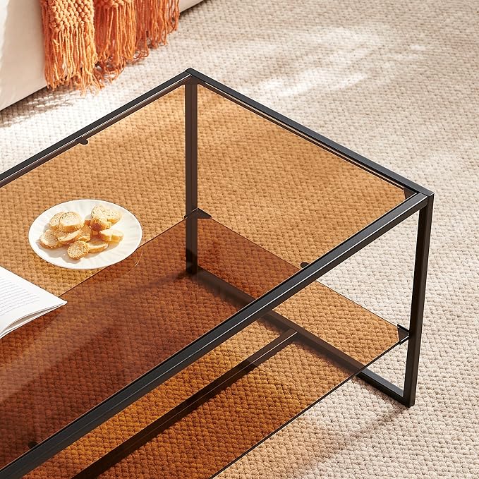 Shrine Brown Glass Coffee Table, Modern Design, Dual-Layer Coffee Table for Living Room, Black-Plated Metal Frame, Brown Glass Top