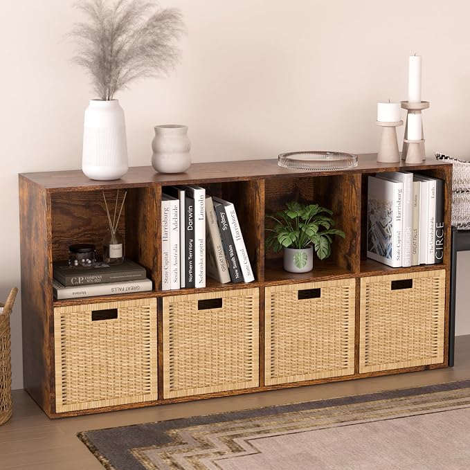 Wooden 8 Cube Storage Organizer with Closed Back Panel,Brown Cube Shelf Cubby Storage Organizers with Compartments for Living,Bookshelf,Organizers Easy to Install (Retro Brown, 8 Cube)