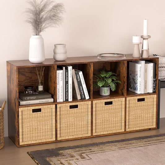 Wooden 8 Cube Storage Organizer with Closed Back Panel,Brown Cube Shelf Cubby Storage Organizers with Compartments for Living,Bookshelf,Organizers Easy to Install (Retro Brown, 8 Cube)