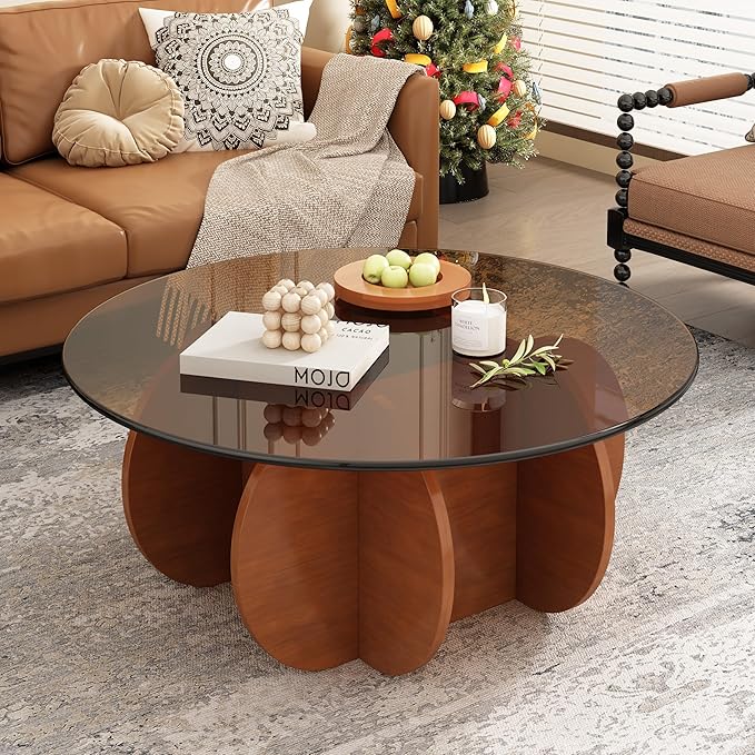 31.5'' Round Glass Coffee Table, Mid Century Modern Cocktail Table with Tempered Glass Top, Sturdy Wood-Inspired Base for Living Room, Small Spaces, Home Office – Easy Assembly (Brown + Brown)