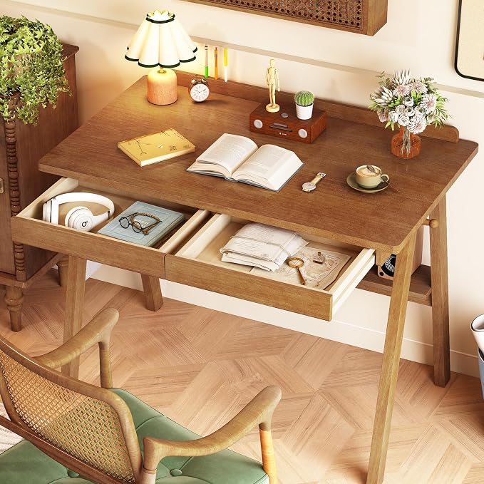 Solid Wooden Desk with Drawers & Shelf - 40 x 24 Inch Mid Century Modern Desks, Writing Desk with Drawers & Hooks, Vintage Work Study Table, Home Office Computer Desks for Any Spaces