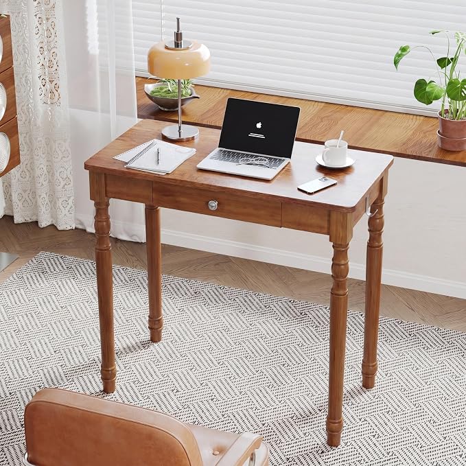 100% Solid Wooden Desk with Drawers - 31.5” Mid Century Modern Desk with 2 Hooks, Vintage Writing Desk with Drawers, Simple Work Study Table for Bedroom & Home Office - Walnut Color