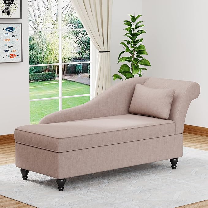 Indoor Storage Chaise Lounge Upholstered Fabric Lounge Chair Living Room Bedroom Corner Small Chaise Sofa Recliner with Wood Legs (Right Arm) Tan