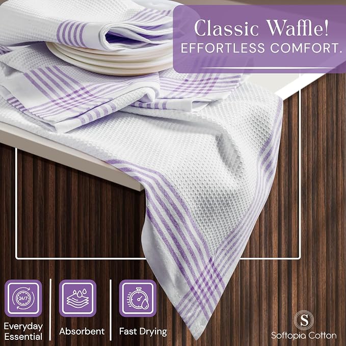 Waffle White & Lavender Kitchen Dish Towels 12 Pack, 100% Cotton, 16"x26", Thick Hand Towel for Drying Dishes, Quick Dry Washcloths, Perfect for Bar, Cooking, Serving, Cleaning