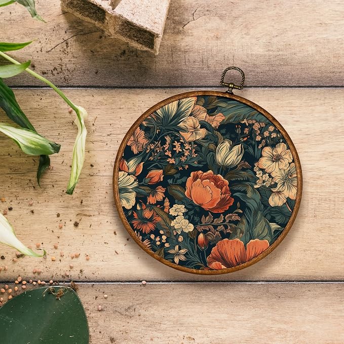 KSDUT Aesthetic Flower Dark Wall Art Decor - Botanical Neutral Mid Century Modern Wall Art Canvas Frame Hanging Prints, Vintage Landscape Round Wall Art Decor for Home Decorations 10"x10"