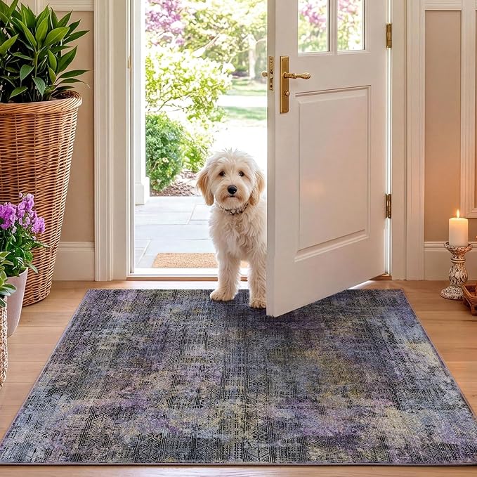 Kokia Abstract Area Rug Black Purple Washable 2x3 Non-Slip Stain Resistant Entryway Rug Soft Indoor Mat for Kitchen Door Decor, Violet and Slate Blue