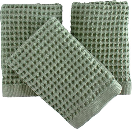 PÜSKÜL Natural 100% Turkish Cotton Waffle Kitchen Towels Set of 3 | Oeko-Tex, Premium Waffle Hand Towels for Bathroom | Soft Absorbent Quick-Dry Lint-Free Dish Towel Large 32x16 inch (3, Sage Green)