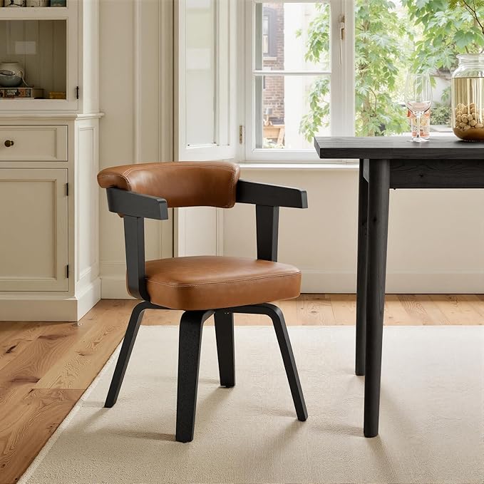 Art Leon Home Office Desk Chair - Mid Century Modern Chair, Faux Leather Office Chair No Wheels, Comfy Accent Arm Chair with Wood Legs for Small Spaces Living Room Bedroom Study, Black/Walnut