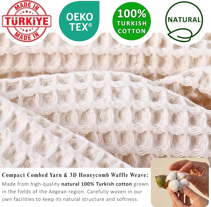 PÜSKÜL Organic Raw-Undyed Waffle Towels for Bathroom Set 4-Piece | Natural 100% Turkish Cotton Luxury 2 Hand Towel & 2 Bath Towel | Absorbent Quick Dry Lightweight Bath Towels Oeko-Tex Made in Turkey