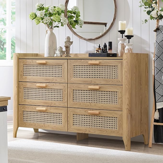 ELISA HOME Rattan-Inspired 6 Drawer Dresser for Bedroom, 47.2″ W Modern Wide Chest of Drawers, Wood Storage Organizer for Clothes, Entryway, Hallway, Nursery or Living Room, Oak