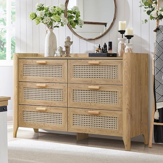 ELISA HOME Rattan-Inspired 6 Drawer Dresser for Bedroom, 47.2″ W Modern Wide Chest of Drawers, Wood Storage Organizer for Clothes, Entryway, Hallway, Nursery or Living Room, Oak
