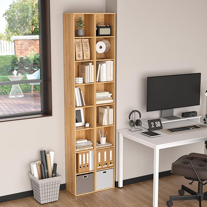 8-Cube Storage Organizer Bookcase, Oak Tall Narrow Bookshelf, Freestanding Open Cubby Storage Shelf, Display Cabinet for Living Room Bedroom Home Office