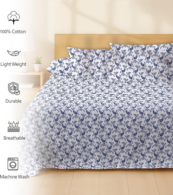RUVANTI 100% Cotton Percale Sheets Queen Size 6 Piece Set, Cooling Bed Sheets for Hot Sleepers, Deep Pocket 16”, Breathable Lightweight & Durable, Crisp Hotel Style Sheets, Paisley Ornament