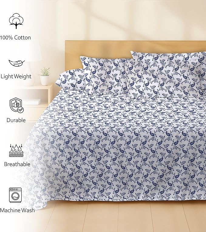 RUVANTI 100% Cotton Percale Sheets Twin Size 4 Piece Set, Cooling Bed Sheets for Hot Sleepers, Deep Pocket 16”, Breathable Lightweight & Durable, Crisp Hotel Style Sheets, Paisley Ornament