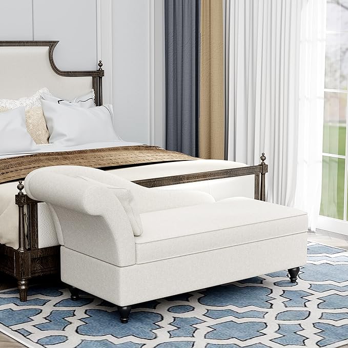 Storage Chaise Lounge Indoor, Linen Upholstered Chaise Lounge Chair with Storage for Bedroom Living Room Office Beige Fabric (Left Armrest)