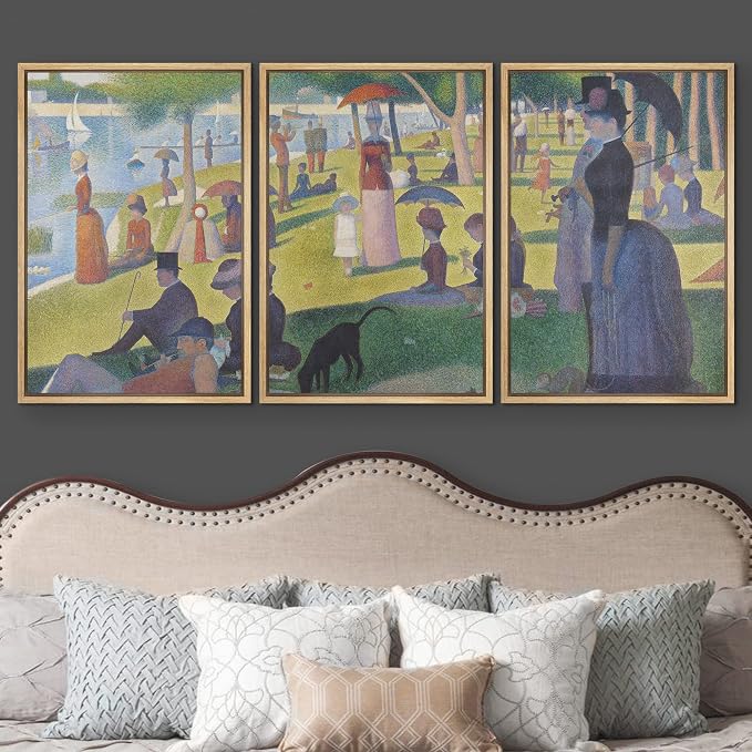 wall26 Framed Canvas Print Wall Art Set La Grande Jatte by Georges Seurat Cultural Historic Oil Painting Fine Art Reproduction Scenic Colorful for Living Room, Bedroom, Office - 24"x36"x3 Natural