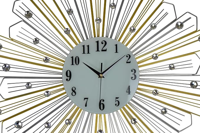 HomeRoots 27" Gold Silver and Metal and Faux Crystals Silent Analog Sunburst Wall Clock