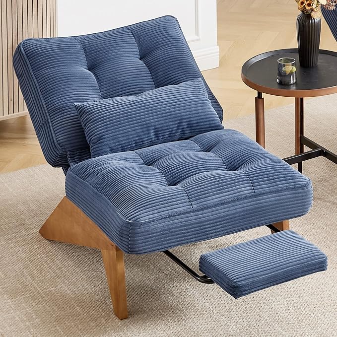 Accent Chair with Ottoman Adjustable Backrest, Stripe Living Room Chair Indoor Lounge Chair with Build-in Footrest Set, Modern Chair Cozy Reclining Chair for Reading Room, Navy
