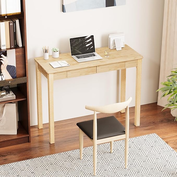 Solid Wood Desk with Drawers - 39" Narrow Desks for Small Spaces, Mid Century Modern Desks, Small Wooden Vintage Computer Writing Desk, Study Table for Home Office Bedroom, Natural