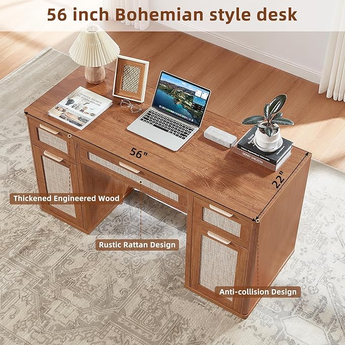 LEYAOYAO 56'' Rattan Farmhouse Executive Desk with Drawers, Wood Home Office Desk with File Cabinet and Metal Handles, Large Vintage Computer Desk for Home, Bedroom, Living Room （Brown）