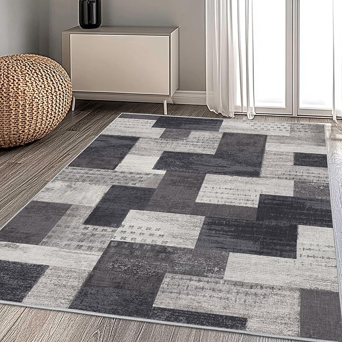 Modern Geometric Patchwork Indoor Area Rug for Living Room, Charcoal 10'x 14' Large Rug Rockwood Collection Hardwood Floors Decor for Bedroom, Grey Throw Carpet for Office Entryway Dining Room