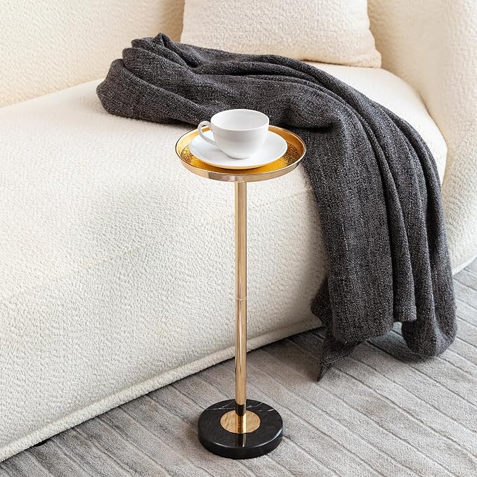 Adjustable Side Table, Small Tea Martini Table, Gold, Natural Marble Decorative Pedestal End Table for Display and Storage (Gold+ Small)