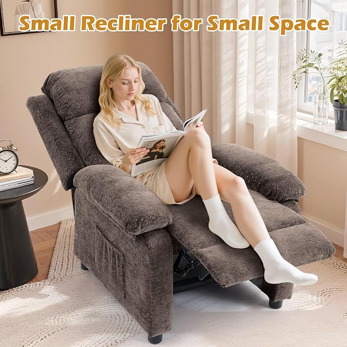 Korser Recliner Chair, Living Room Chairs for Adults, Padded Deep Seat Reading Chair with Side Pockets, Small Recliners for Small Spaces, Lounge Chair for Living Room, Bedroom, and RV (Chenille)