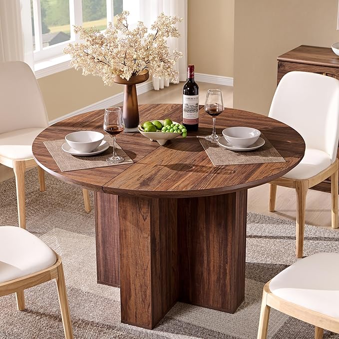OKD 47" Round Dining Table for 4 People, Modern Pedestal Kitchen Table with Stable Cross Base & Thick Wood Top, Circle Dinner Table for Dining Room, Kitchen, Living Room, Rustic Walnut (Table Only)