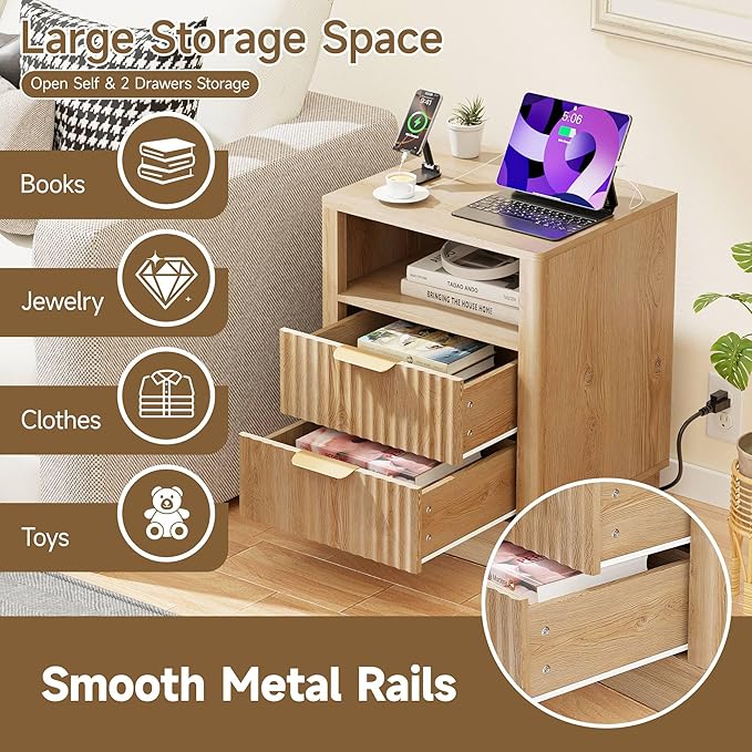 Nightstand with Charging Station, Fluted Bedside Table with 2 Storage Drawer and Open Wood Shelf, Night Stand with Solid Wood Base for Bedroom, Side Table, End Table, Oak