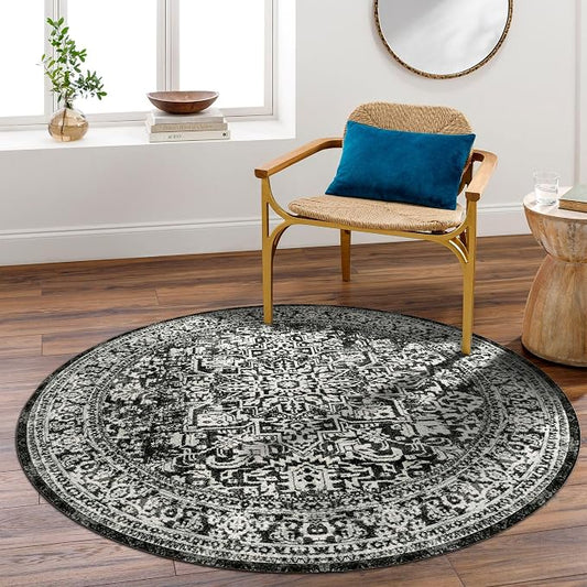vivorug Round Rug 5ft Vintage-Inspired Round Area Rug Non-Slip Indoor Carpet for Living Room Bedroom Entryway, Stain Resistant Home Decor Circle Rug, Black and White