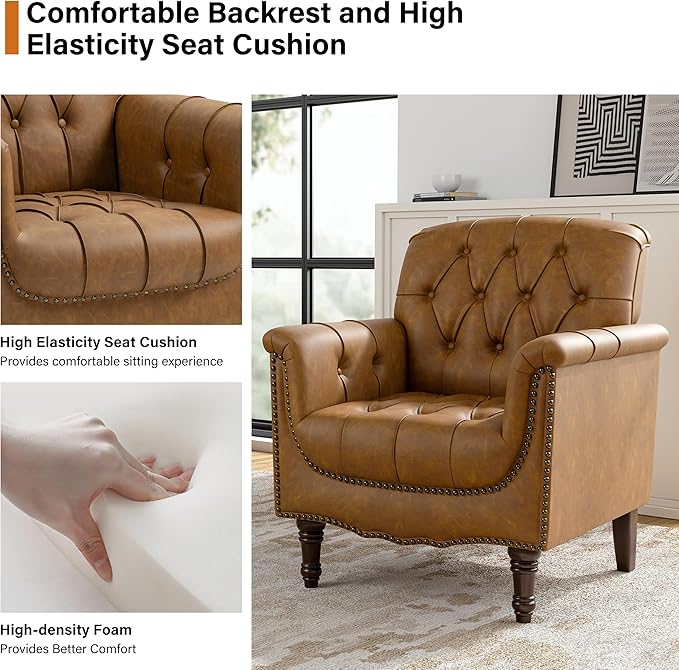 Faux Leather Club Chairs Set of 2, Retro Upholstered Armchair Accent Chair with Solid Wood Legs & Nailhead Trim for Living Room/Reading Room, Camel