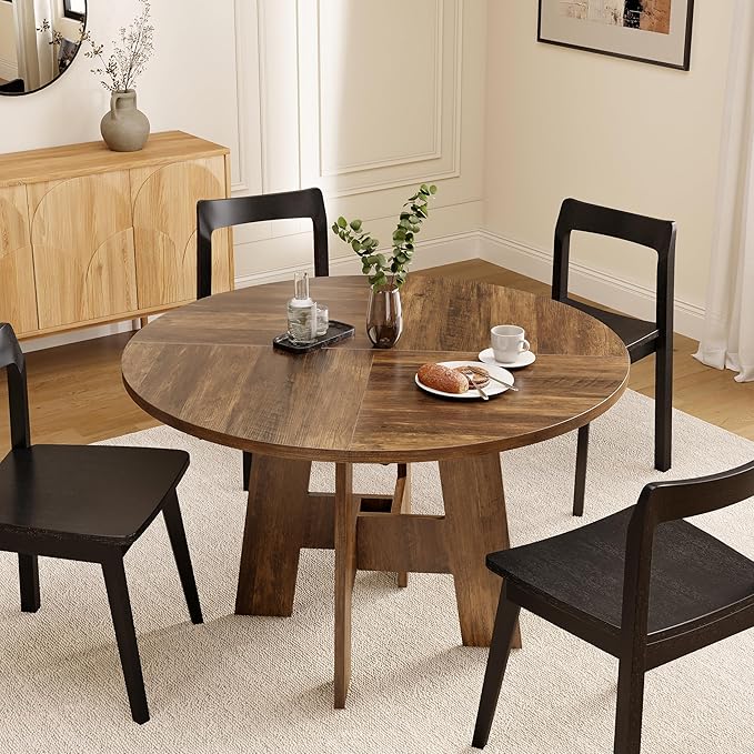 Round Dining Table for 4-6 People, 47” Farmhouse Kitchen Table with Sturdy Legs, Rustic Wooden Circle Dinner Table for Dining Room, Living Room, Honey Brown(Table Only)