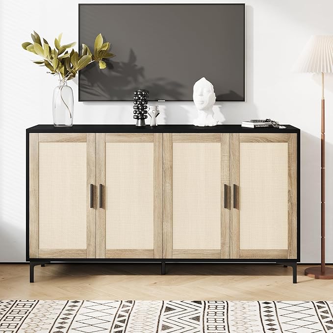 JASIWAY Buffet Cabinet with Storage, 48" Rattan Sideboard with Adjustable Shelves, Modern Coffee Bar Cabinet Console Table with Doors, Credenza for Kitchen, Living Room, Entryway, Dining Room, Black