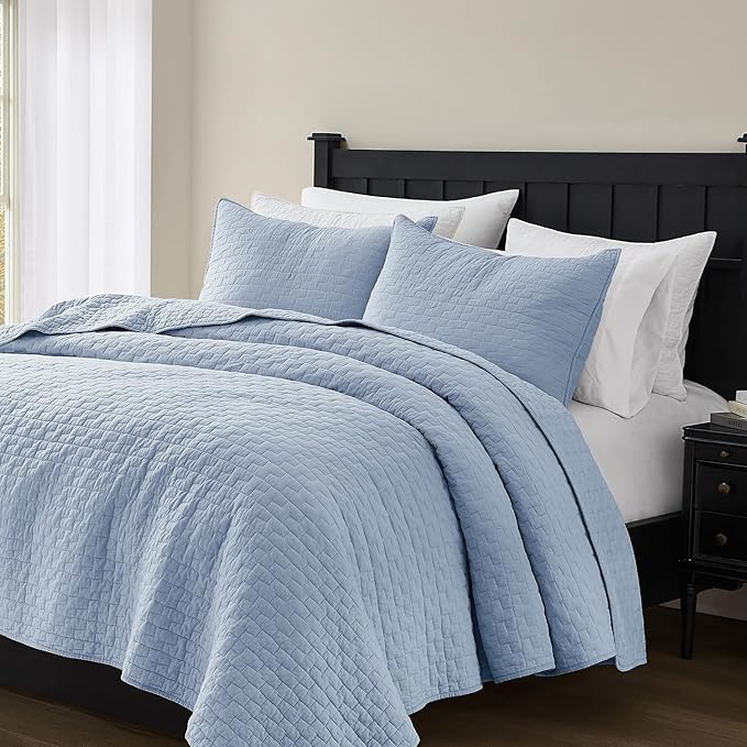 palassio Baby Blue 100% Cotton Quilt King Size Bedding Sets with 2 Pillow Shams, Textured Lightweight Soft Bedspread Shabby Chic Coverlet, Neutral Quilted Comforter Bed Cover for All Season, 3 Pieces