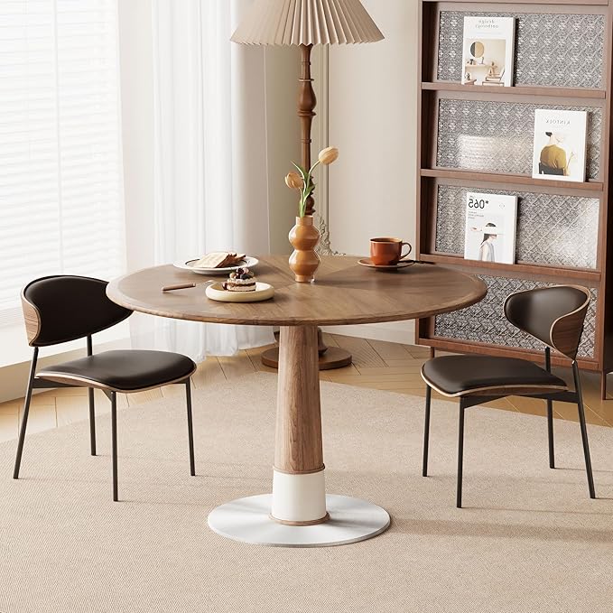 Modern Round Dining Table for 4-6 People, 47.2" Small Circle Pedestal Kitchen Table with Metal Base for Dining Room, Kitchen or Living Room, Walnut