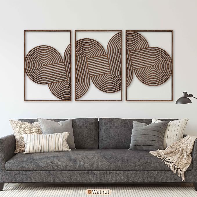 Living Room Wall Art for Mid Century Modern Interiors, Triptych Boho Wall Panels, Geometric Circle Loop Wooden Wall Decor, Home Gift for Bedroom