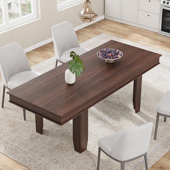 GarveeHome 63 in-86.6 in Extendable Dining Room Table for 6-10, Farmhouse Kitchen Tables w/Wooden Sturdy Frame, Large Rectangular Dinner Table for Dining Room, Kitchen