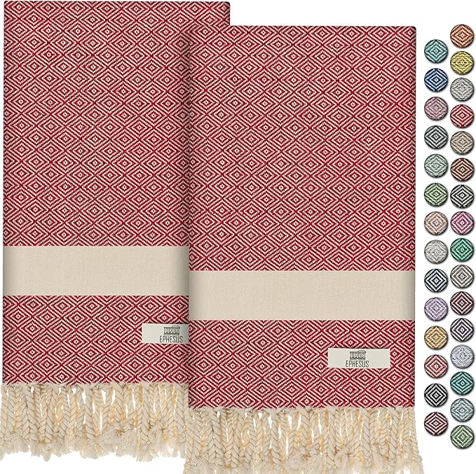 Hand Towels - Set of 2 | 18" x 30" - Decorative Turkish Hand Towel for Bathroom, Kitchen, Guest, Face, Hair, Tea, Dishcloth (Diamond, Red)