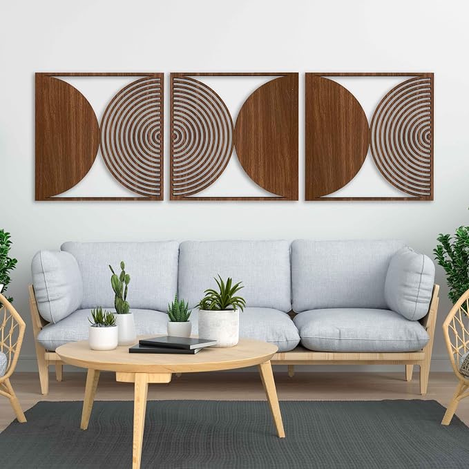 Geometric Wood Wall Art Large, Mid-Century Modern Wall Decor, Circular Panels for Bedroom or Living Room, Rustic Boho Wood Wall Accent #59