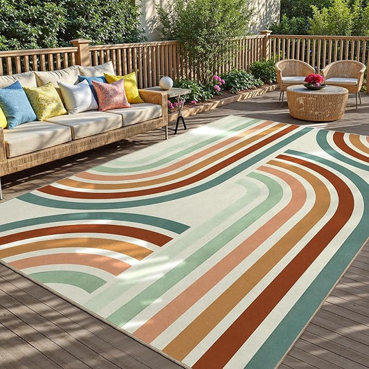 Indoor Outdoor Area Rug, Mid Century Modern Multicolored Outdoor Patio Rug,Washable Abstract Art Rainbow Rugs Non-Slip Carpet for Camping, Bedroom, Deck(5x8)