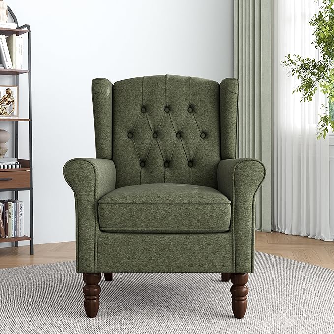 Accent Chair, High Back Upholstered Chair with Button Tufted, Mid-Century Modern Comfy Wingback Chair Reading Armchair in Fabric for Living Room for Bedroom, Office-Green