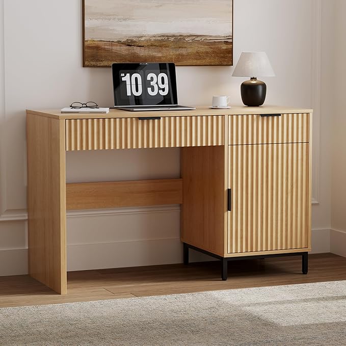 47" Executive Desk with Fluted Drawers, Wooden Home Office Desk with Storage Cabinet, Charging Station, Metal Legs Modern Farmhouse Computer Desk for Work, Study Natural Oak