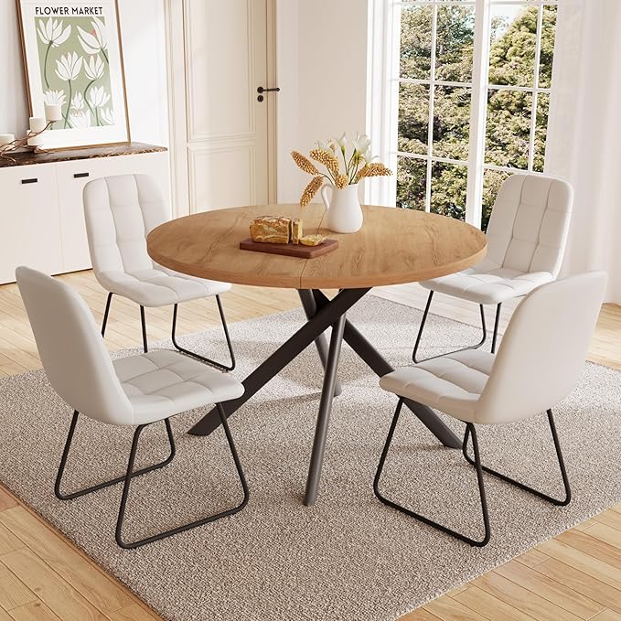 HIPIHOM 45.3 Inch Round Dining Table Set for 4, Mid Century Modern Small Kitchen Coffee Set for Dining Room Kitchen Apartment (Oak Table + 4 U-Shaped White Chairs)